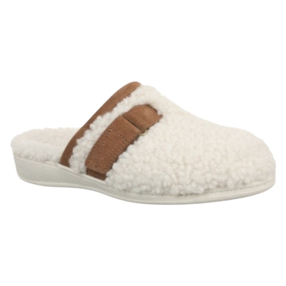 Vionic Cream Sherpa Slip-On Slippers with Tan Suede Accent